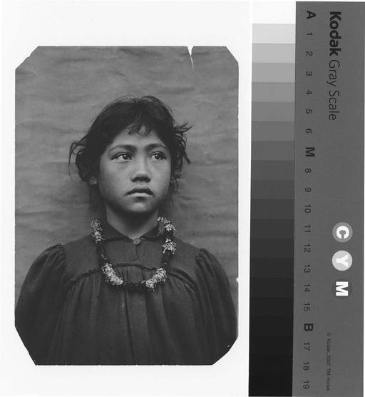 Hawaiian Schoolgirl (PP-31-2-002, original), hawaiian, schoolgirl, child, portrait, traditional clothing, lei, school
