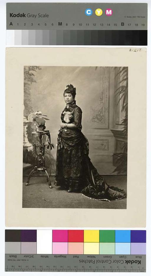 Likelike, photograph by J. J. Williams (PP-98-9-020, original), princess likelike, hawaii, hawaiian royalty, portrait, feathered hat, holoku dress, women, 19th century, indigenous culture