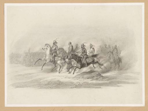 Raja Lal Singh reviewing troops at Lahore (unpainted). Lithograph after an original sketch by Prince Waldemar of Prussia and published in 'In Memory of the Travels of Prince Waldemar of Prussia to India 1844-1846' (Vol.II), raja lal singh, troops, lahore, lithograph, military review, soldiers, army