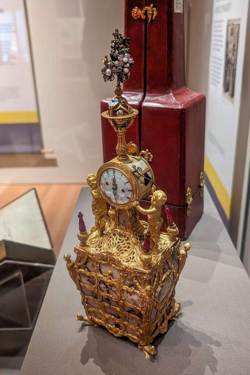 Zimingzhong with armillary sphere and original case, 1760-95, zimingzhong, clockwork, armillary sphere, automaton, clock, mechanism, ornate case, timekeeping, historical artifact
