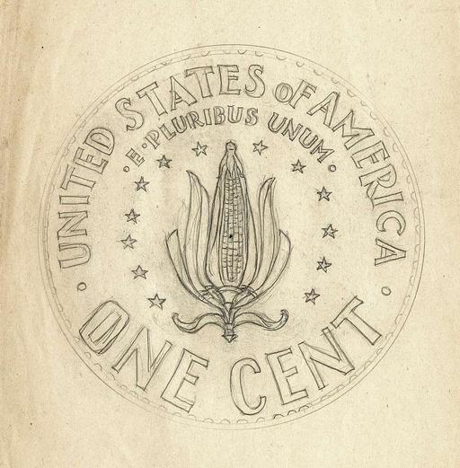 GASPARRO, Frank original for reverse of US Lincoln cent (corn), lincoln cent, coin design, corn, plaster model, frank gasparro, numismatics, reverse side