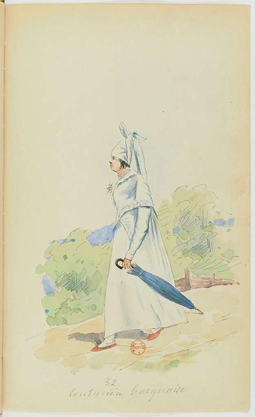 Recueil de costumes vers 1820, copiés sur l'original existant à la Bibliothèque de Bayonnne - E. Fort - btv1b10025453x (069 of 134), costumes, fashion, 1820 s, clothing, historical fashion, dress, bonnet, shawl, men fashion, women fashion