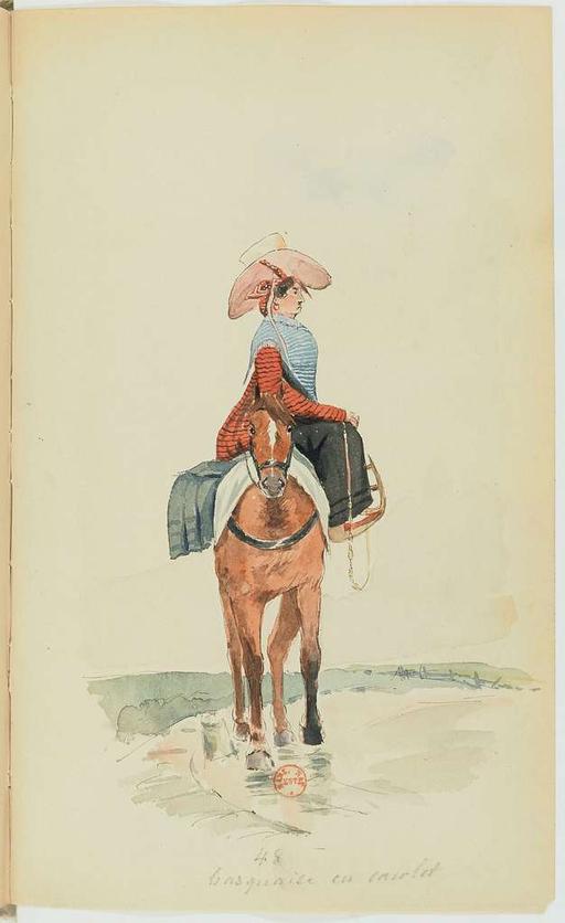 Recueil de costumes vers 1820, copiés sur l'original existant à la Bibliothèque de Bayonnne - E. Fort - btv1b10025453x (101 of 134), costumes, fashion, 1820 s, clothing, historical fashion, dress, bonnet, shawl, hat, men fashion, women fashion