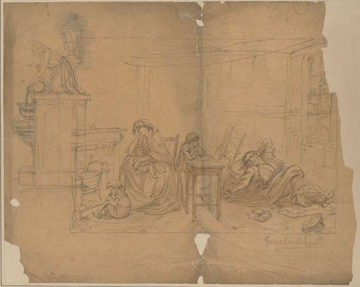 Original sketch, unpublished, to illustrate "The Drunkard's Children" or "The Bottle" - DPLA - 39be8a36fe3ddf664c252c55bd42ebbd, sketch, pencil drawing, family scene, interior, domestic life, mother and child, resting figures, humble dwelling, genre scene, 19th century