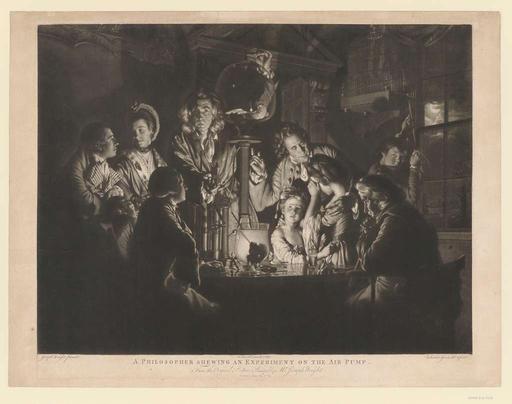 A philosopher shewing an experiment on the air pump - from the Original Picture Painted by M.r Joseph Wright - (estampe) (2e état) - Joseph Wright pinxit 1768 ; J. Boydell excudit 1769 ; Valentine Green del &... - btv1b53296122q, philosopher, experiment, air pump, science, demonstration, observation, 18th century, engraving, scientific illustration, enlightenment