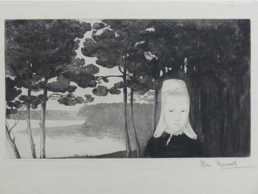 Marie-Annick, eau forte originale (version monochrome). MBAQ, girl, forest, lake, traditional attire, trees, water, nature, portrait, etching, printmaking, landscape