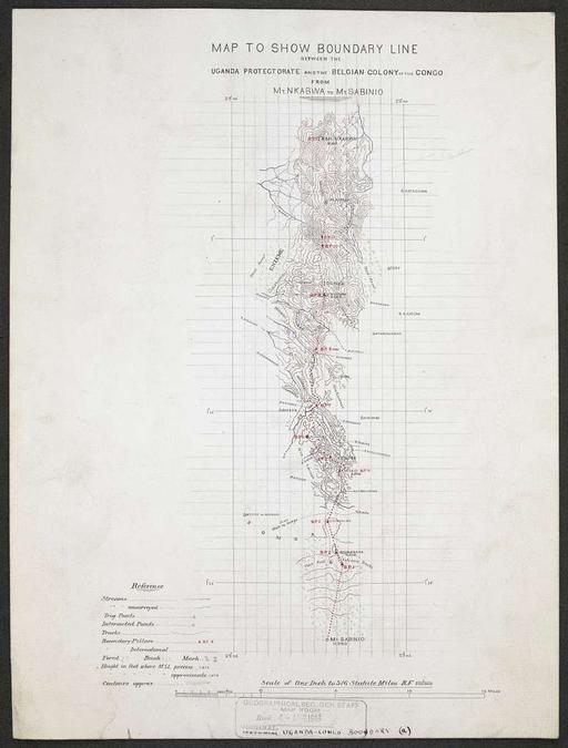 M.S. Copy of Original M.S., Attached to Protocol 4. May 1911 - War Office ledger (WOOS-14-1-1), map, boundary line, uganda protectorate, belgian congo, mt nkabwe, mt sabinio, geographical, survey, colonial, africa, topography, reference, scale