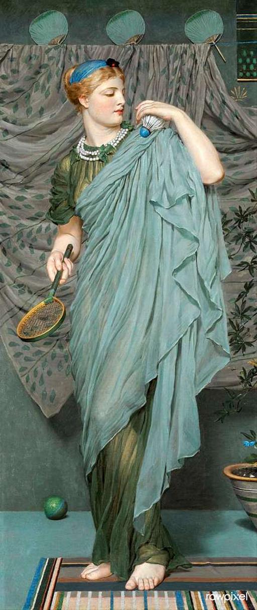 Albert Joseph Moore's 19th-Century Badminton Scene: A Leisurely Ancient Greek Inspiration, woman, badminton, racket, shuttlecock, classical attire, fans, painting, vintage, sport, leisure, ancient greece, neo classical