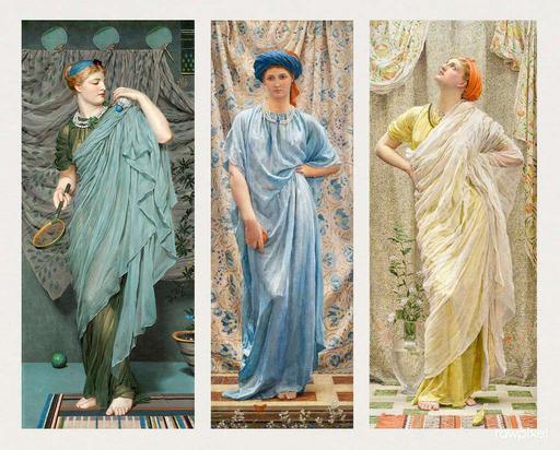 Albert Joseph Moore's Classical Drapery Art: A Triptych of Women in Ancient Greece., classical drapery, triptych, women, ancient greece, robes, fashion, art, painting, historical, figure study