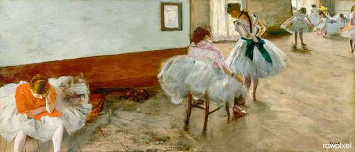 The Dance Lesson (ca. 1879) painting in high resolution by Edgar Degas. Original from The National Gallery of Art. Digitally enhanced by rawpixel. (50635905066), ballet dancers, rehearsal, dance studio, impressionism, figurative art, stage, performance, movement, light, tutus, ballet