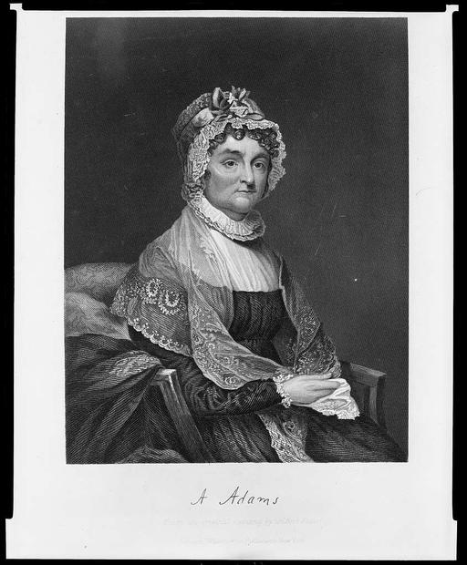 A Adams from an original painting by Gilbert Stuart, abigail adams, first lady, portrait, engraving, gilbert stuart, 18th century, 19th century, historical figure, american history, woman, formal attire, monochrome