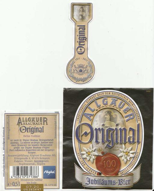Allgäuer Brauhaus AG - Allgäuer Original - Helles Vollbier, beer labels, allgauer brauhaus, german beer, anniversary label, brewing, kempten, collectible, helles vollbier, beer branding, beverage industry