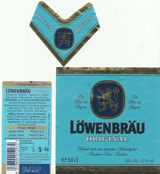 Löwenbräu AG - Löwenbräu Original, lowenbrau, beer label, munich, german beer, reinheitsgebot, packaging, lager, brewing, collectible, beverage