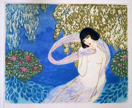 Salomé. e.f. originale de Nori MR, art deco, illustration, woman, nude, scarf, stylized, foliage, trees, floral, vintage, decorative, elegant, art print