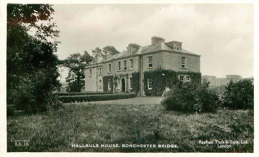 001-2962-hallrule-house-original, hallrule house, bonchester bridge, scottish borders, country house, historic architecture, vintage postcard, raphael tuck and sons, landscape, stone building, scotland
