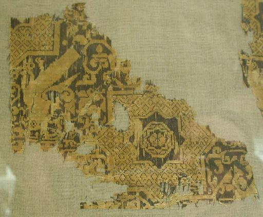 Textile with a Pattern of Stars and Birds, Originally from a Cap, textile, silk, lampas, medieval, islamic art, fragment, geometric pattern, weaving, archaeology, fabric, historical artifact
