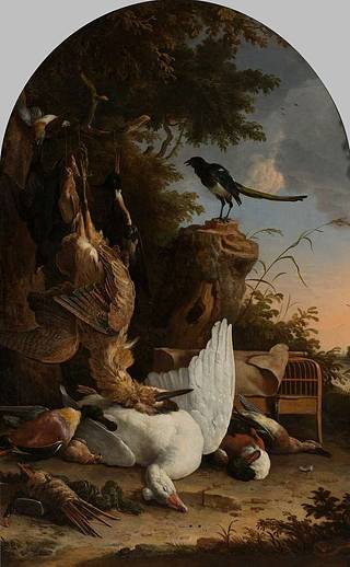 A Hunter's Bag near a Tree Stump with a Magpie, Known as 'The