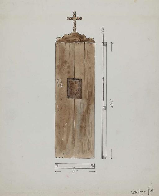 Side of Original Confessional, Index of American Design, confessional, booth, church, religion, wood, carving, religious, interior, architecture