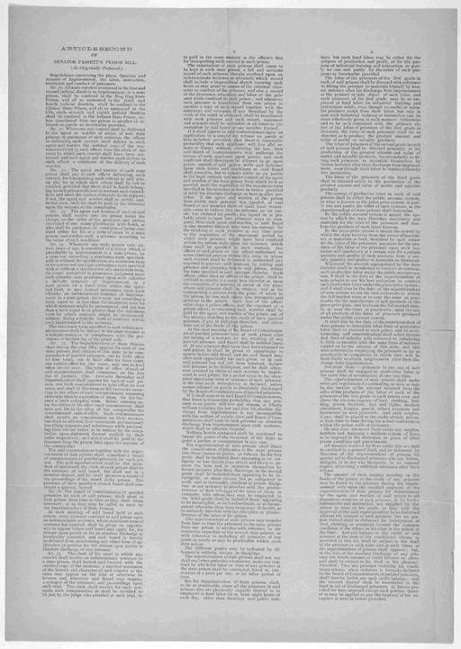 Article second of Senator Fassett's prison bill (as originally prepared.) [n. d.].