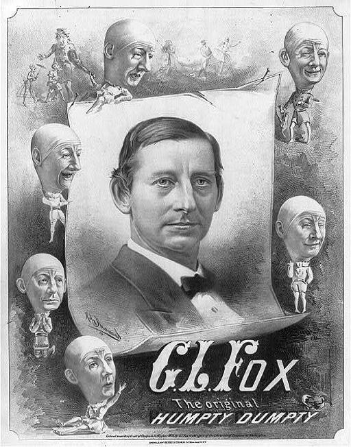 G.L. Fox the original Humpty Dumpty., gl fox, humpty dumpty, actor, illustration, vintage, theatre, stage, costume, man