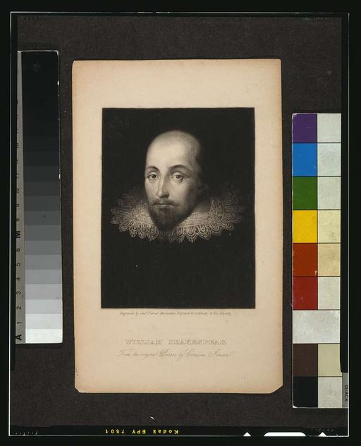 William Shakespear - from the original picture by Cornelius Jansen / engraved by Chas. Turner, Mezzotinto Engraver in ordinary to His Majesty., william shakespeare, portrait, cornelius jansen, engraving, playwright, author, english literature