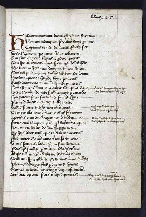 Opening of text, red initial, marginal notes. - PICRYL - Public Domain ...