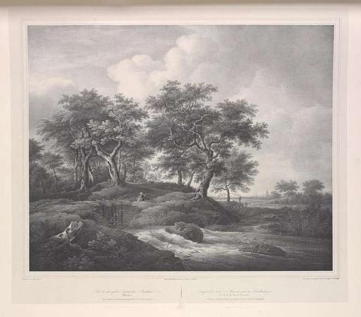 After torrent with oak trees, original by Jacob van Ruisdael., landscape, oak trees, torrent, rain, clouds, nature, painting, art