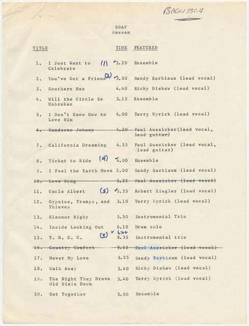 Set list for musical group Soap performing at the “First Annual Original Magnificent Special Services Entertainment Showband Contest”, 1971