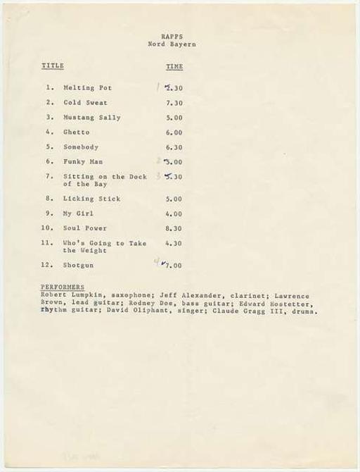 Set list for musical group Rapps performing at the “First Annual Original Magnificent Special Services Entertainment Showband Contest”, 1971.
